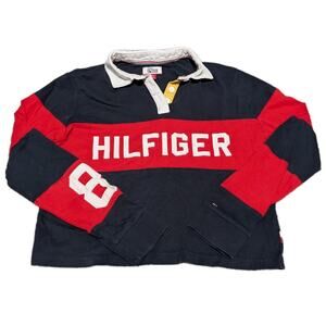 Tommy Hilfiger Pullover Womens XS 85 Red Navy Collared Cropped Long Sleeves